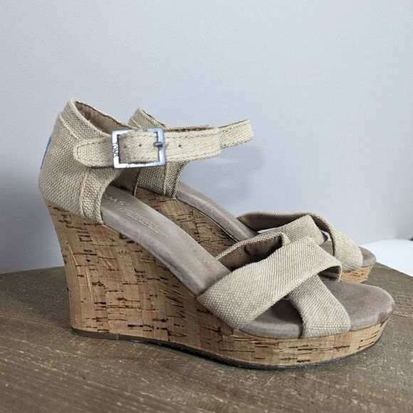 Tom's Sierra espadrille cork wedge cross strap sandal heel 6.5 - Picture 2 of 8